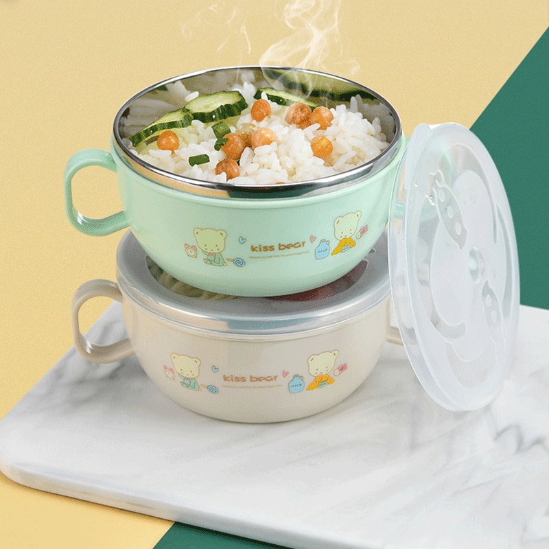 Stainless Steel Baby Bowl Children Learn To Eat Double-layer Insulated Bowl for Baby with Handle Spoon Dishes Baby Feeding