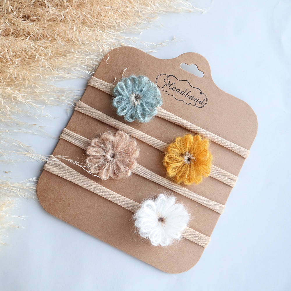 1.6in Woolen Flowers Baby Girls Nylon Headbands Handmade Kid Elastic Hairbands Children Hair Accessories Toddler Winter 4pcs/lot