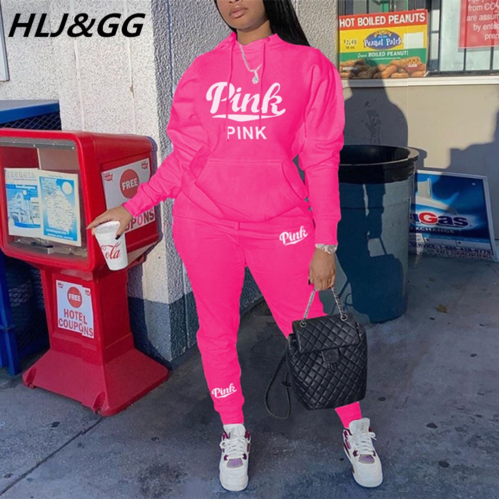HLJ&GG Casual PINK Letter Print Two Piece Sets Women Outfits Fall Winter Hooded Long Sleeve Sweatshirt + Jogger Pants Tracks