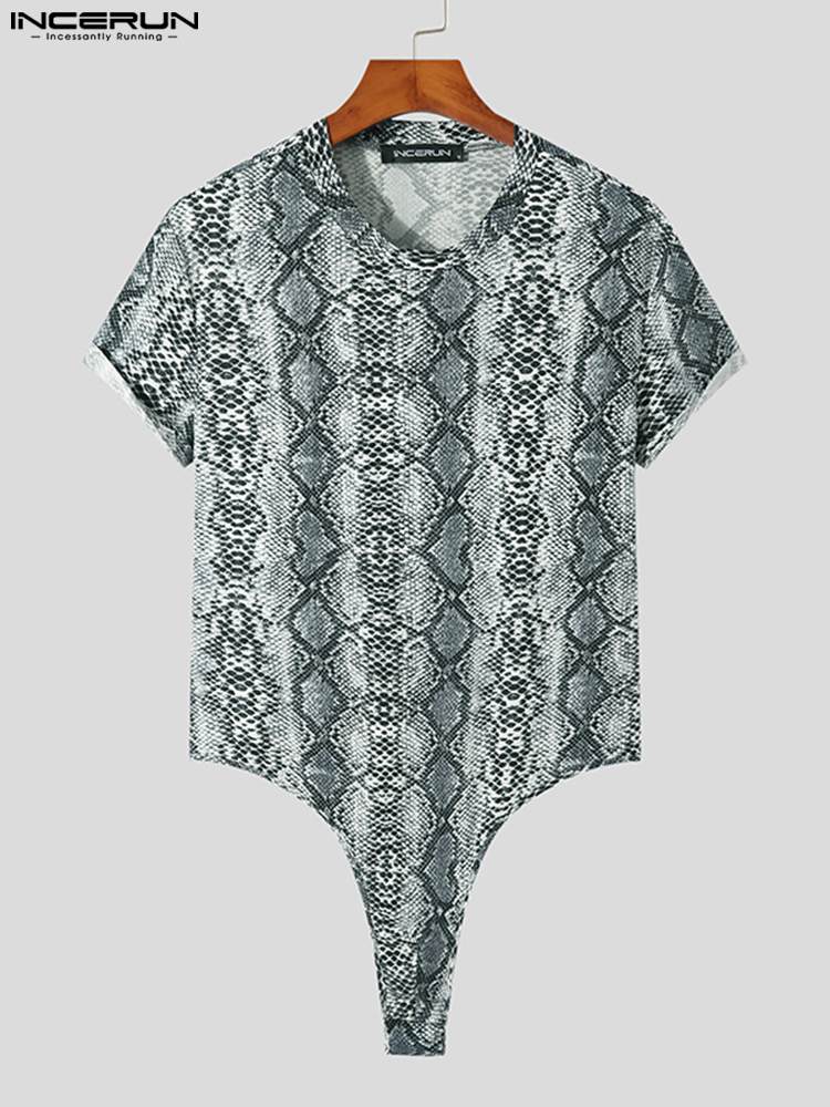 INCERUN Homewear New Men's Fashion All-match Onesies Sexy Leisure Leopard Male Print Rompers Short Sleeve Bodysuits S-5XL 2