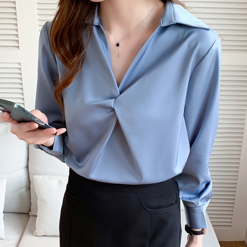 Spot~Pink Satin Shirt Women's Professional Shirt Design Sense Small Unique Top 2022 Autumn New