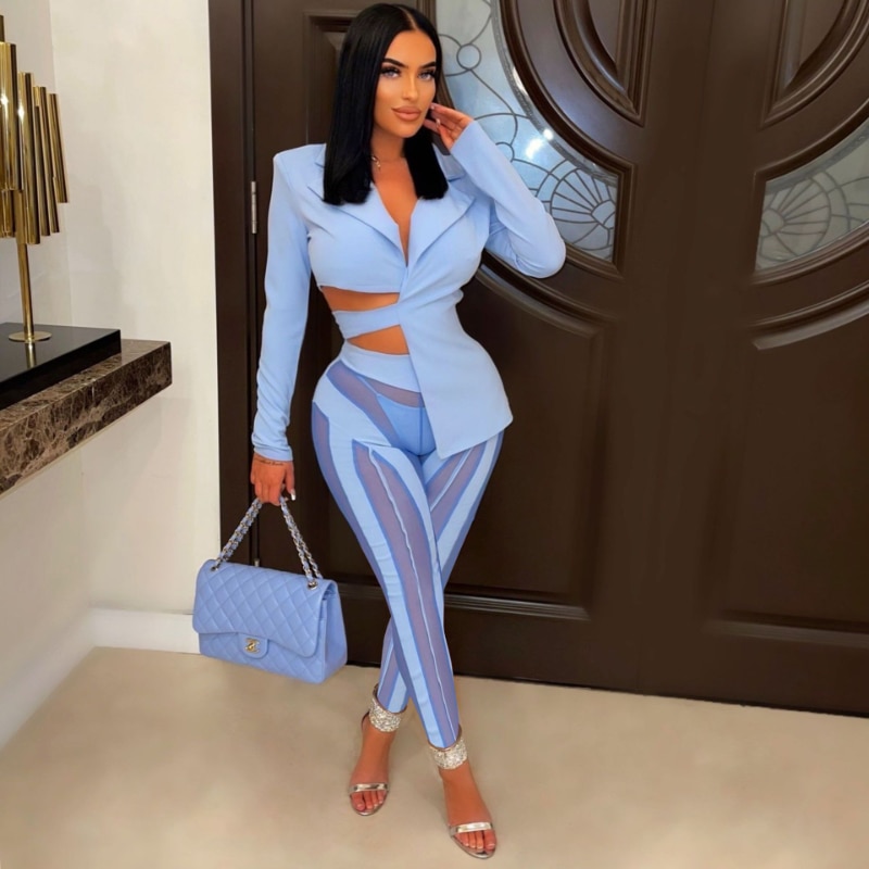 Solid Blazer Pants 2 Piece Set Women Elegant Cut Out Notched Long Sleeve Bandage Jacket Top Pencil Trousers Office Lady Suit