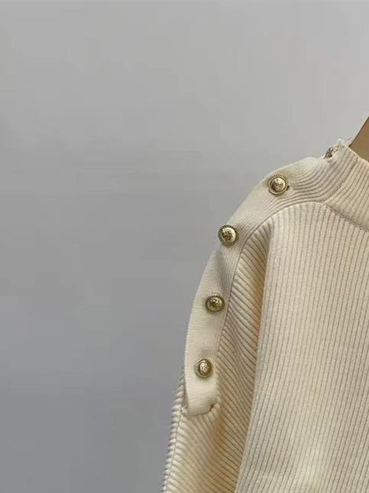 Shoulder Button Decor Women's Ribbed Sweater 2022 Winter Long Sleeve Female All-Match Loose Half Turtleneck Knitted Pullove