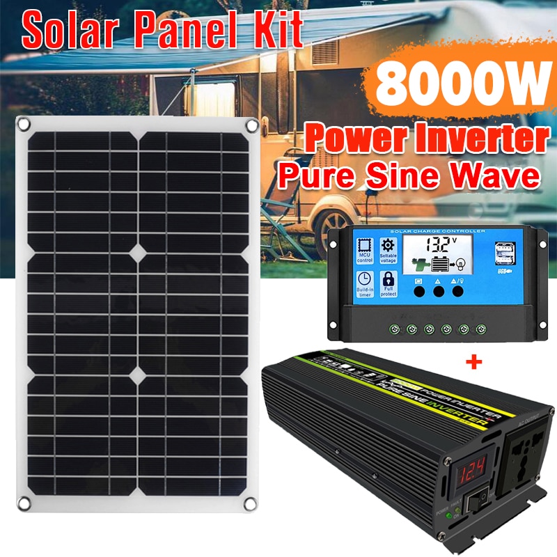 8000W Pure Sine Wave Solar System Power Inverter Set Wave Power Inverter Solar Panel 12V To 110/220V Portable Solar Generator