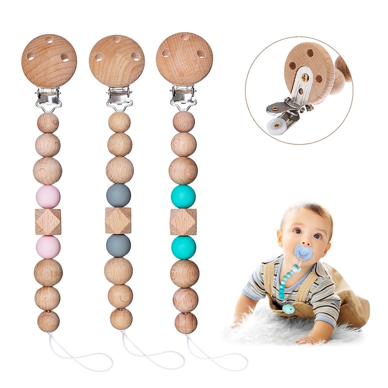 1PC Wooden Pacifier Clips Chain Silicone Beads BPA Free DIY Dummy Clip Holder Soother Chains Baby Teething Toys Chew Gifts