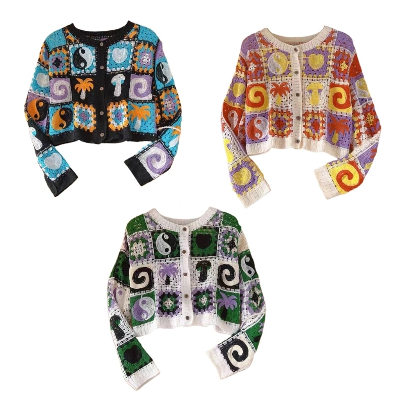 Womens Crochet Cardigan Sweater Kimonos Printed Oversized Summer Open Front Outwear
