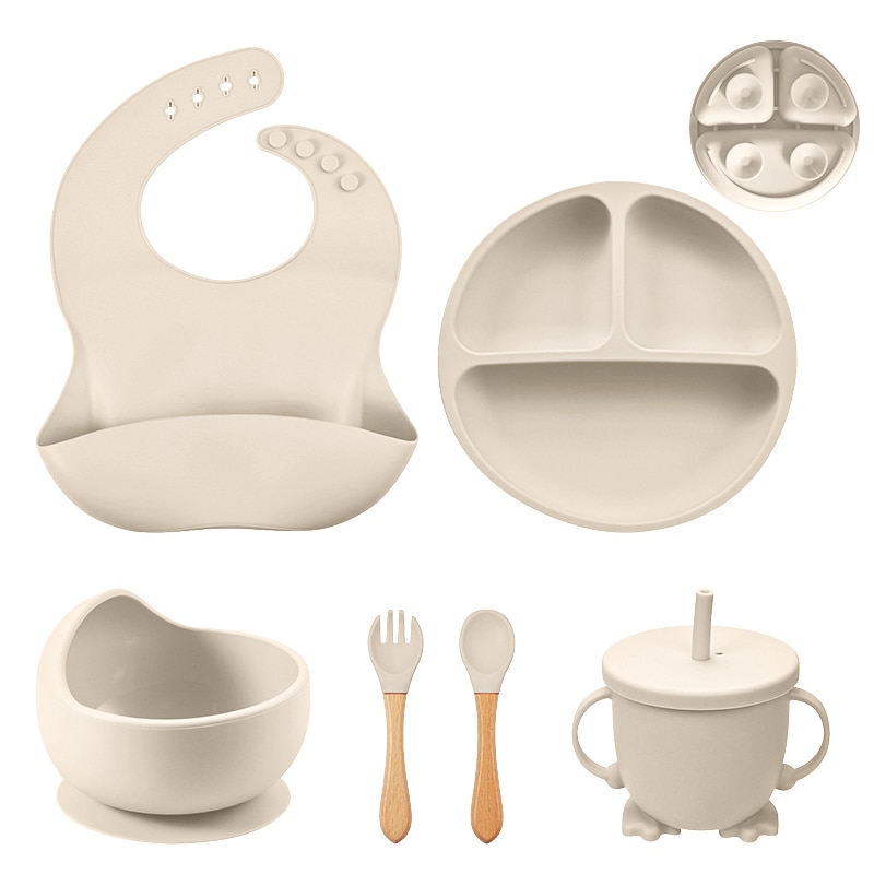 3/5/6Pcs Silicone Baby Feeding Set BPA Free Suction Bowl Divided Plate Wood Handle Spoon Fork Silicone Bibs Children Tableware