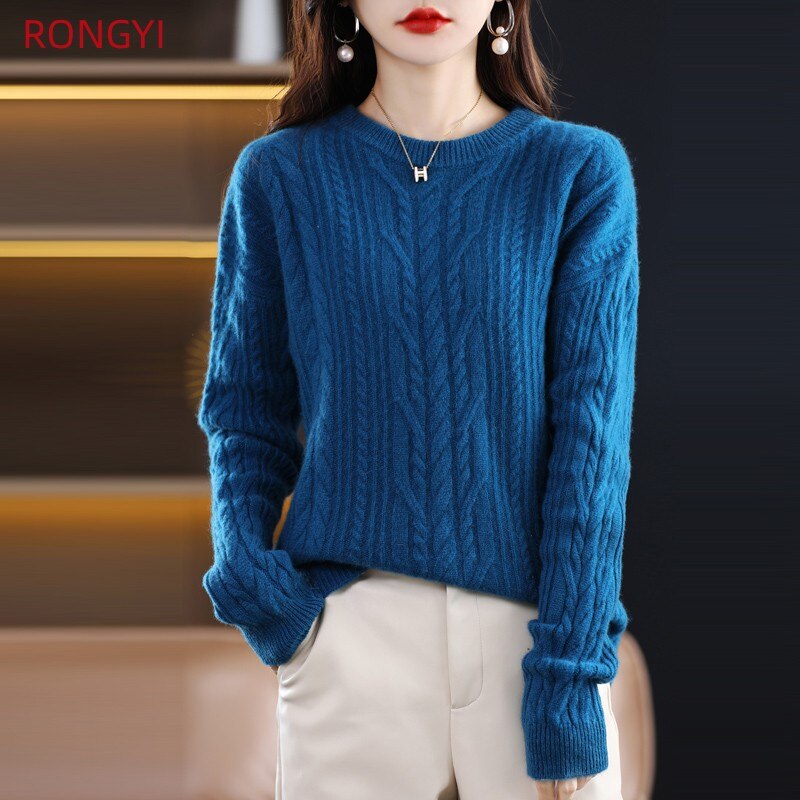 RONGYI 100% Pure Wool Women's Pullover O Neck Cashmere Sweater Thickened Autumn Winter Casual Thermal Pure Color Top