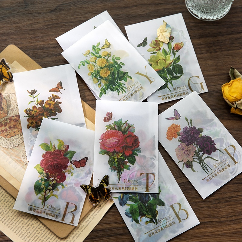 40pcs Vintage Flower Butterfly Decorative PET Sticker Plant Handbook Scrapbooking Material Label Diary Junk Journal Planner