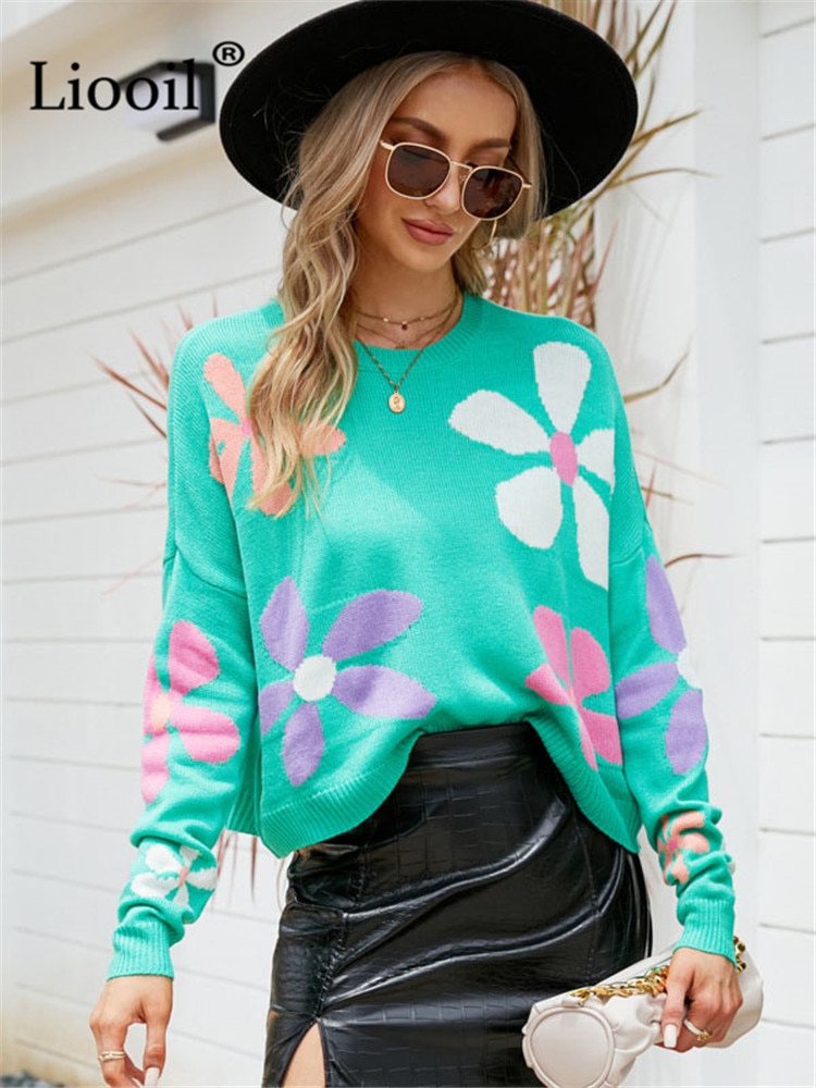 Liooil Floral Print Baggy Sweater Women Pullover Long Sleeve Tops Knitting Pull Spring Autumn Streetwear Patchwork Knit Sweaters