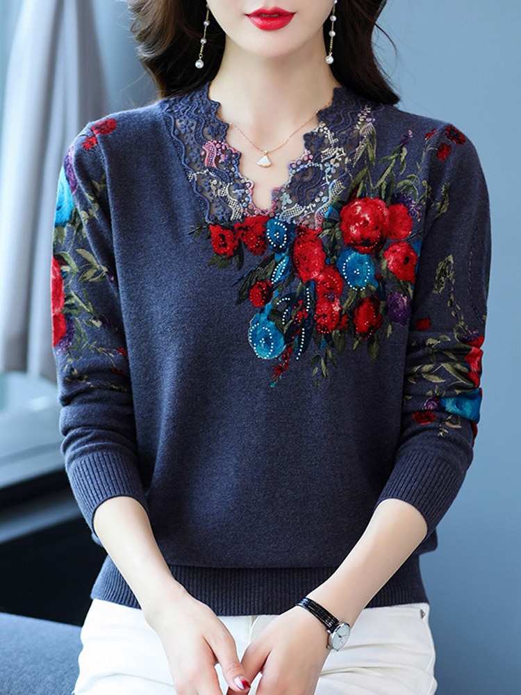 Print Sweaters Autumn Spring Soft Lace V Neck Knit Pullover Pull Femme Female Casual Jumper Long Sleeve Women's Sweater