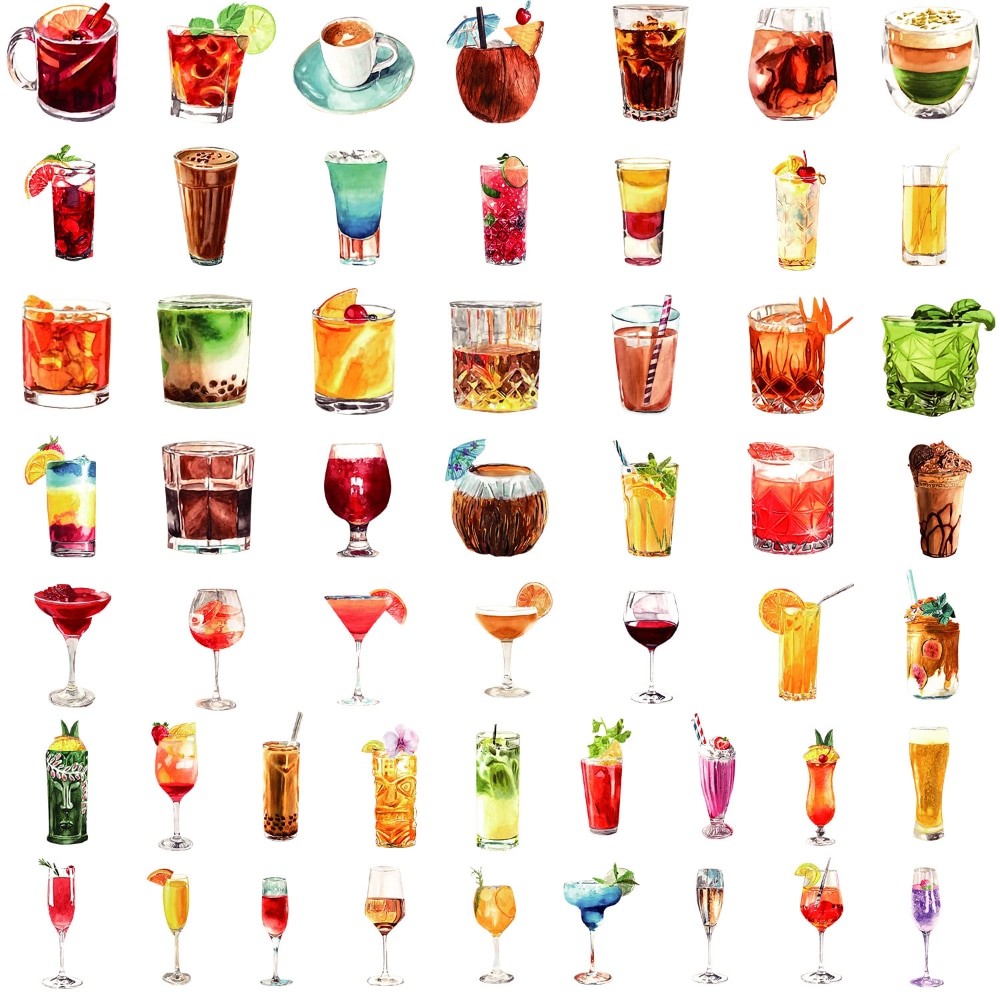 10/50Pcs Cartoon Watercolor Cocktail Aesthetic Stickers Kawaii Wine Leisure Journal Hand Account Laptop Notebook Kids Sticker