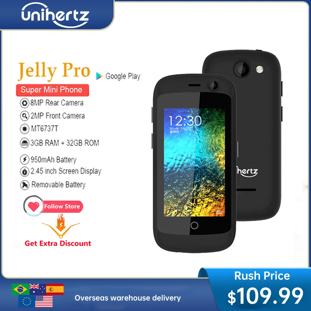 Unihertz Jelly Pro Quad Core Mini Smartphone, 4G, Android 8.1, 3GB, 32GB Mobile Phone, 2MP 8MP Camera, 2.4 ", 950mAh Batter