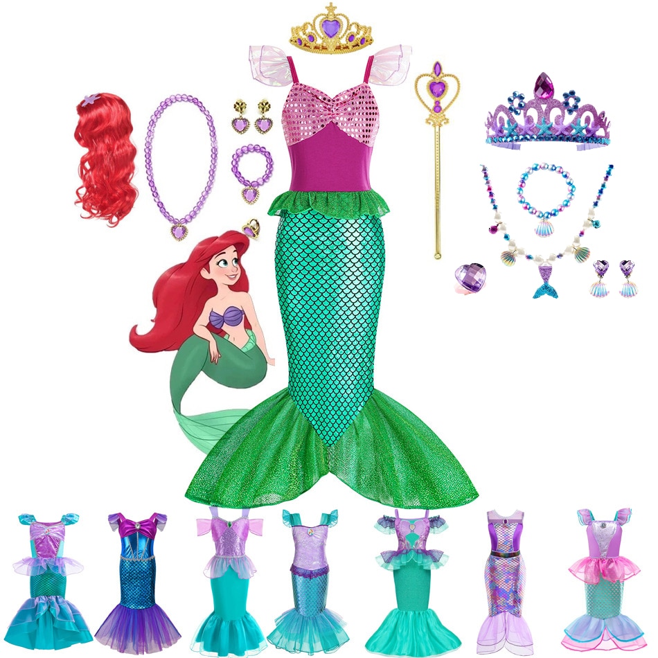 Disney Girl Clothes Princess Little Mermaid Ariel Summer Dress Kids Cosplay Costume Children Carnival Birthday Party Dress