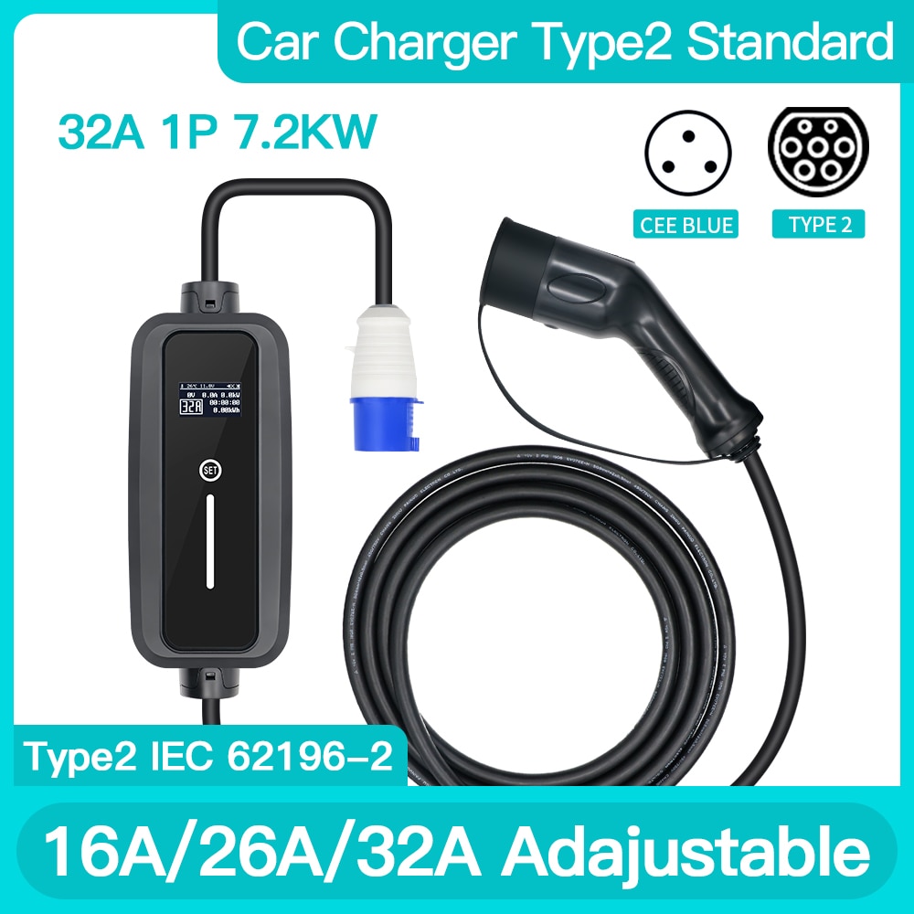 Portable EV Charger 32A 1P 7.2KW Volatage 220-250V Wallbox Adjustable Current Home Fast Car Charging