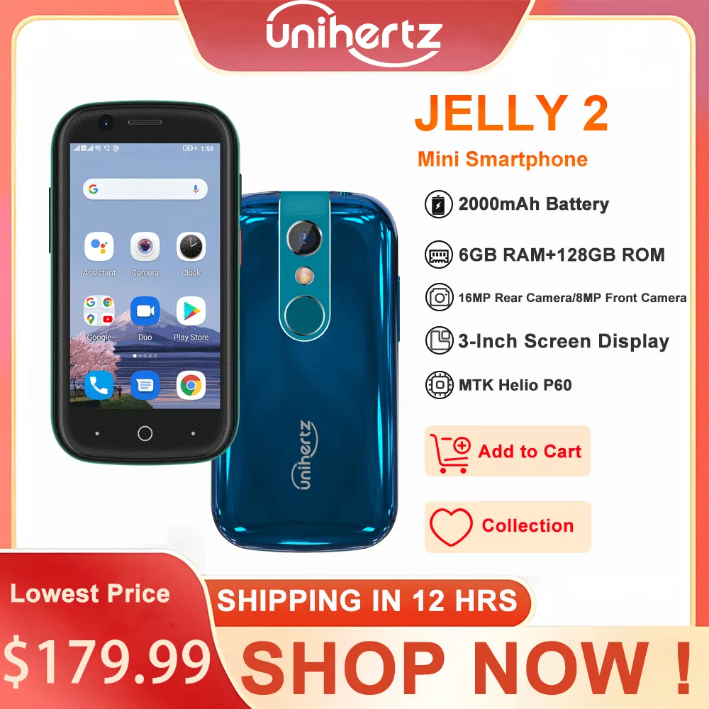 Unihertz Jelly 2 Small Smartphone, Helio P60 Octa Core, Android 11, 6GB + 128GB, 16MP, 2000mAh Battery, Dual SIM Mobile Phone