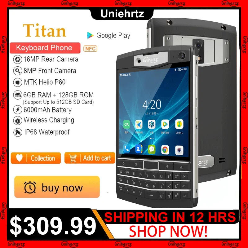Unihertz-Titan Android 10 Rugged Smartphone, 6GB, 128GB, Octa Core, Waterproof, 6000mAh Battery, Wireless Charging, 16MP Camera