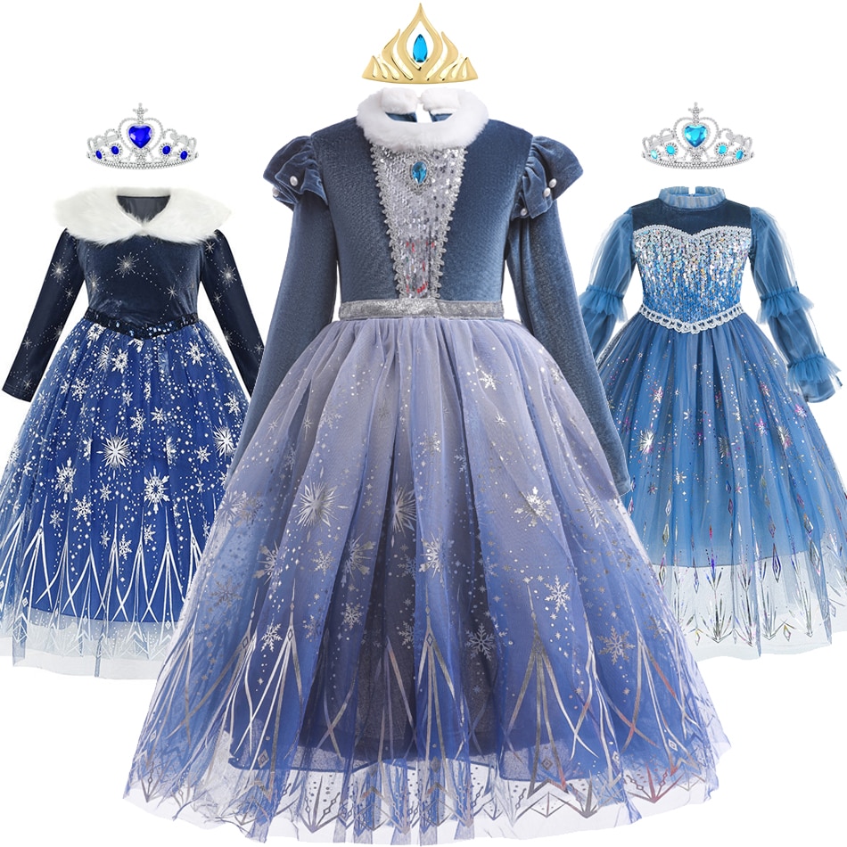 Winter Elsa Dress For Girl Frozen 2 Elsa And Anna Cosplay Costume Warm Velvet Princess Outfits Birthday Party Fantasy Clothes