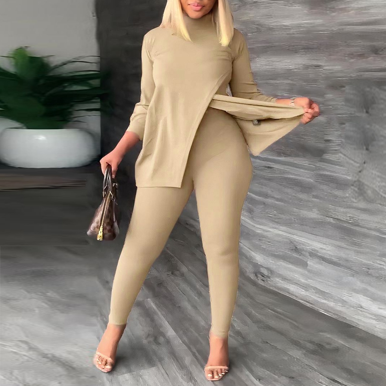 Casaul Women Tracksuit Two Piece Set Shirt + Long Pants Winter Sportsuit Side Split Streetwear Sporty Clothes For Women Outfit