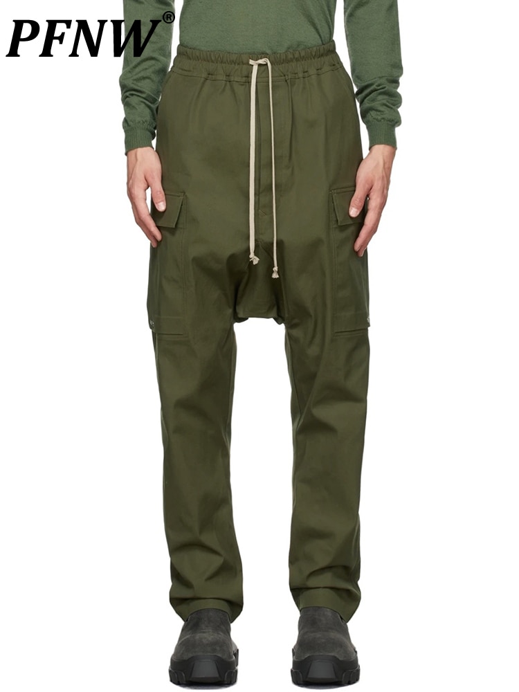 PFNW Safari Style Solid Color Men's Tide Chic Overalls Straight Pocket High Street Hip Hop American Retro Cargo Pants 12A59