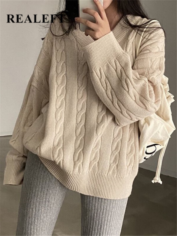 REALEFT Autumn Winter V-Neck Women's Loose Sweater 2022 New Casual Thick Long Sleeve Sweaters Ladies Knitted Pullover Femal