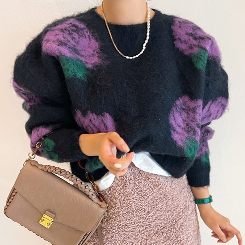WDMSNA Vintage Elegant Colorful Flower Sweater Women Round Neck Loose Casual Pullover Warm Mohair Knitted Sweaters Fashion Tops