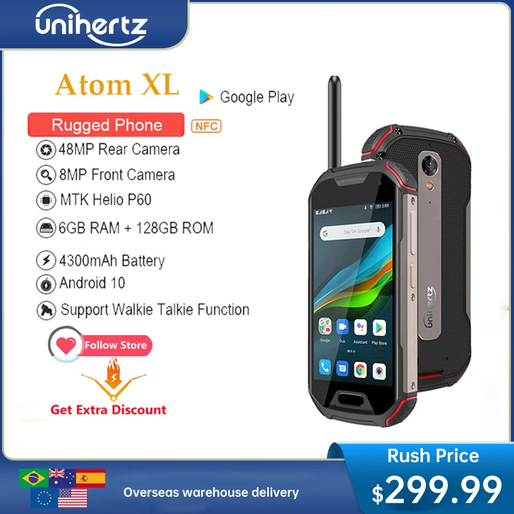 Unihertz Atom XL IP68 Waterproof Rugged Cellphones, Android 10, DMR Walkie-Talkie Smartphone, 4300mAh, NFC, 6GB, 128GB, 43000Amh