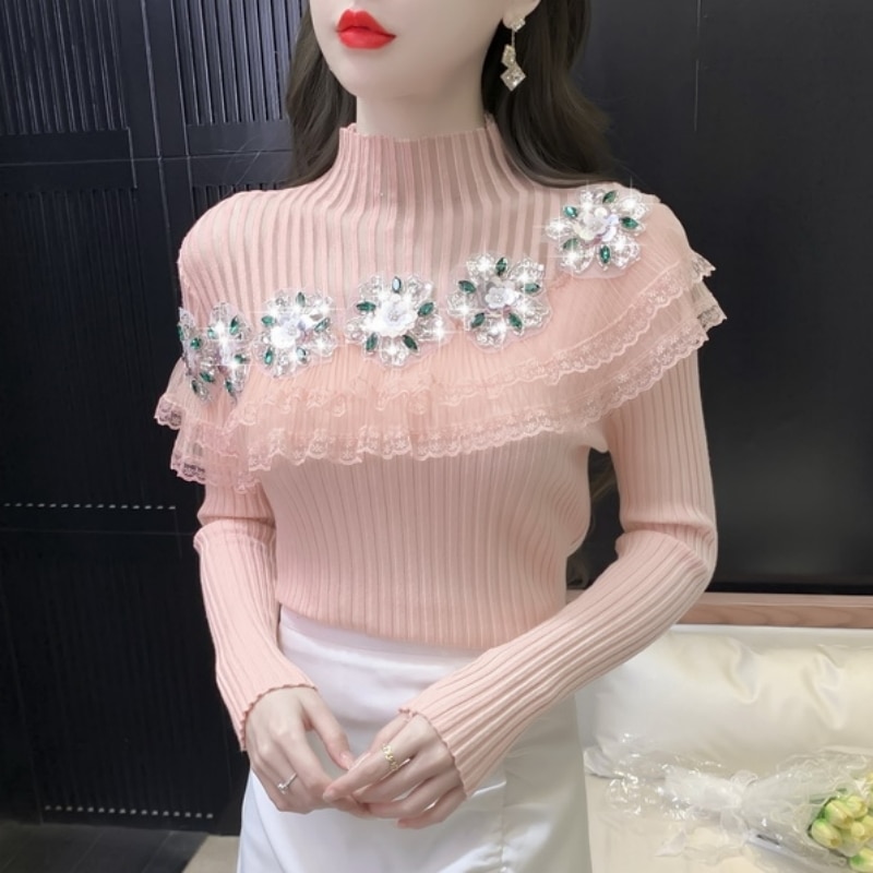 Women's Fall New Korean Fashion Sweet Knitwear Top Ladies Rhinestone Ruffled Slim Fit Patchwork Slimming Knitting tops