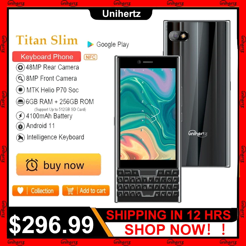 Unihertz TITAN SLIM Smartphone, Global Version, 6GB+256GB,Android 11,Qwerty Keyboard Cellphone,48MP,NFC,4100mAh,4G Mobile Phone