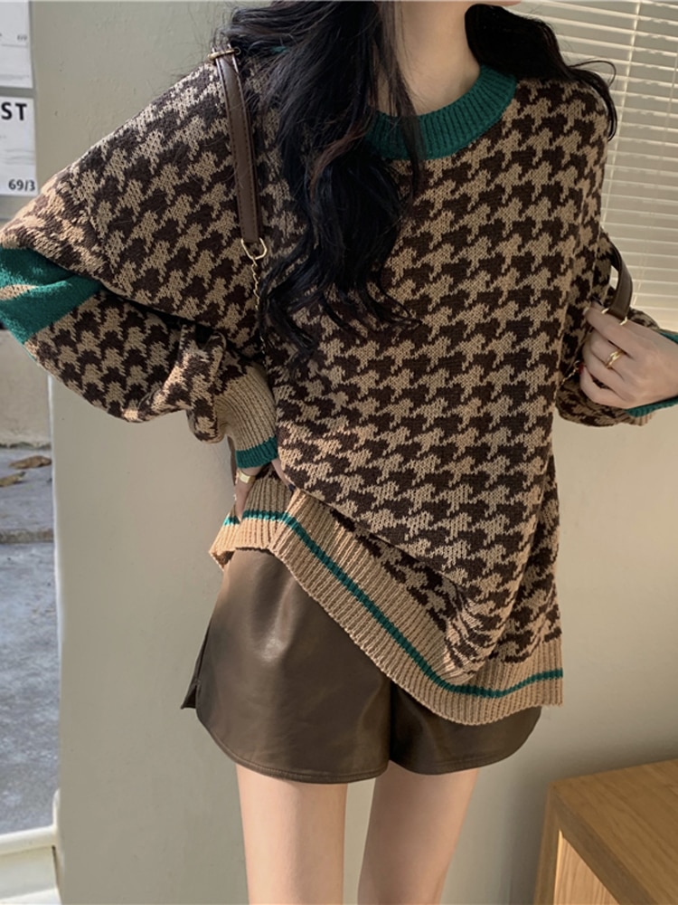 2022 Autumn Winter Long Sleeve O-Neck Knitting Sweater Women'S New Vintage Color Blocking Loose Pullover Fashion Basics Kni