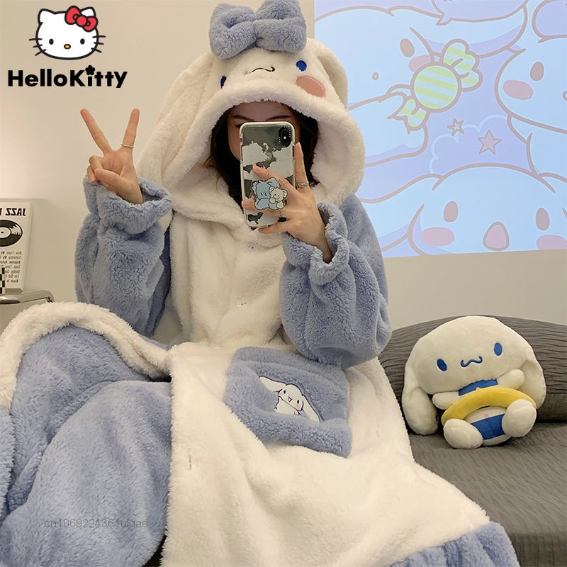 Sanrio Cinnamoroll Pajama Suit Women Luxury Plush Robes Hooded Pants 2 Piece Set Y2k Fluffy Home Clothes Kawaii Soft Sleepwear