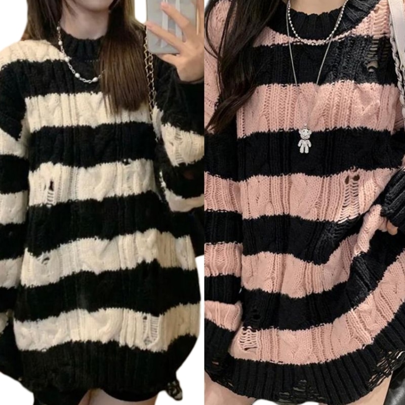 Womens Punk Gothic Long Sleeve Sweater Dress Harajuku Chunky Cable Knitted Striped Irregular Ripped Holes Pullover Top