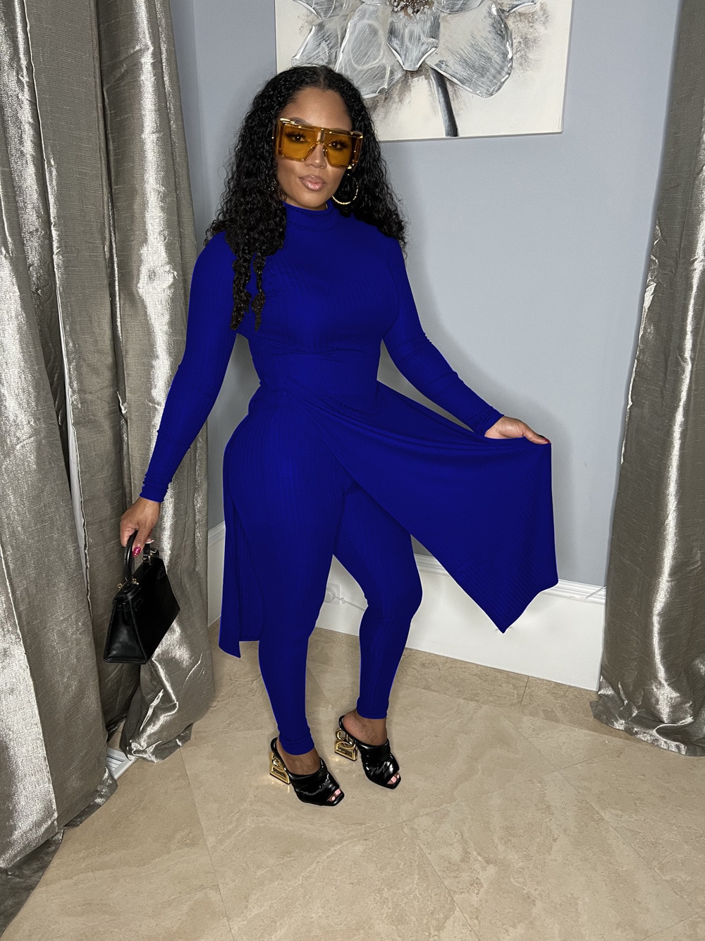 Winter Streetwear Casual 2 Piece Sets Womens Outfits High-necked Split Stretch Top + High-rise Skinny Pencil Pants Pit Strip Set