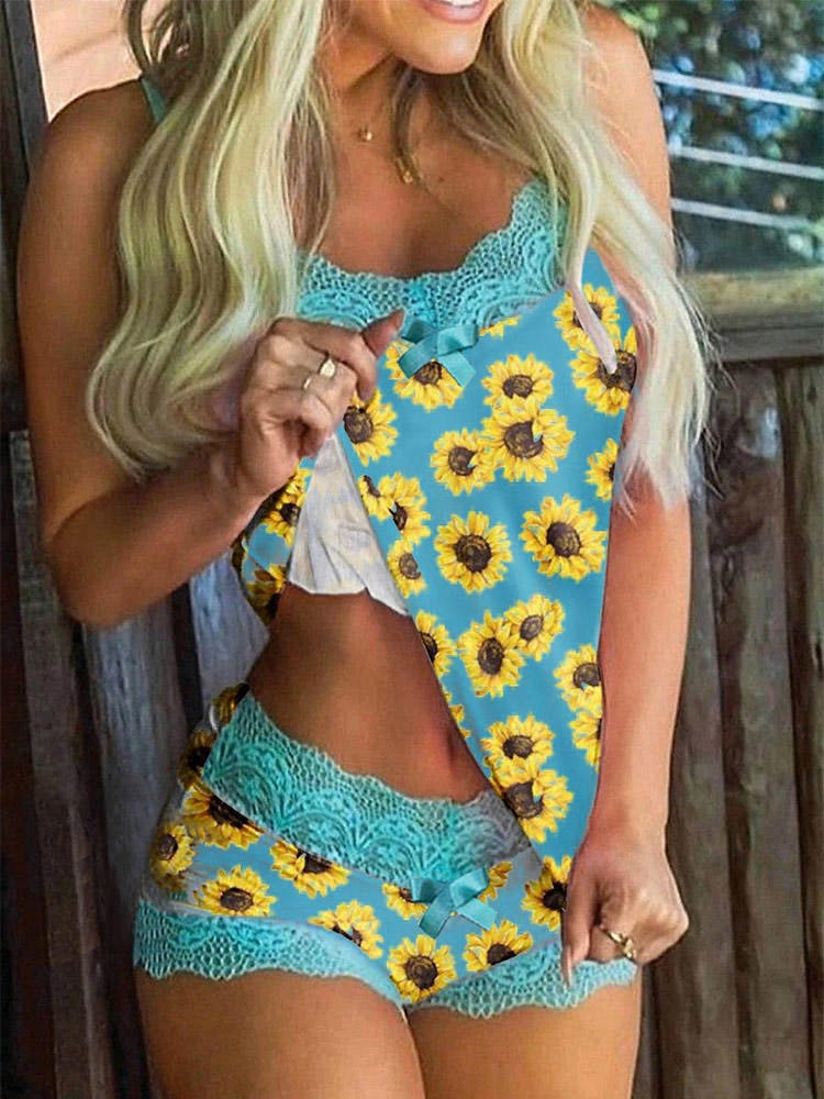 Women Pajama Set Teen Girls Sunflowers Lace Spaghetti Strap Camisole Tops Cami Shorts Set Sleepwear Cute Nightwear Sexy Lingerie