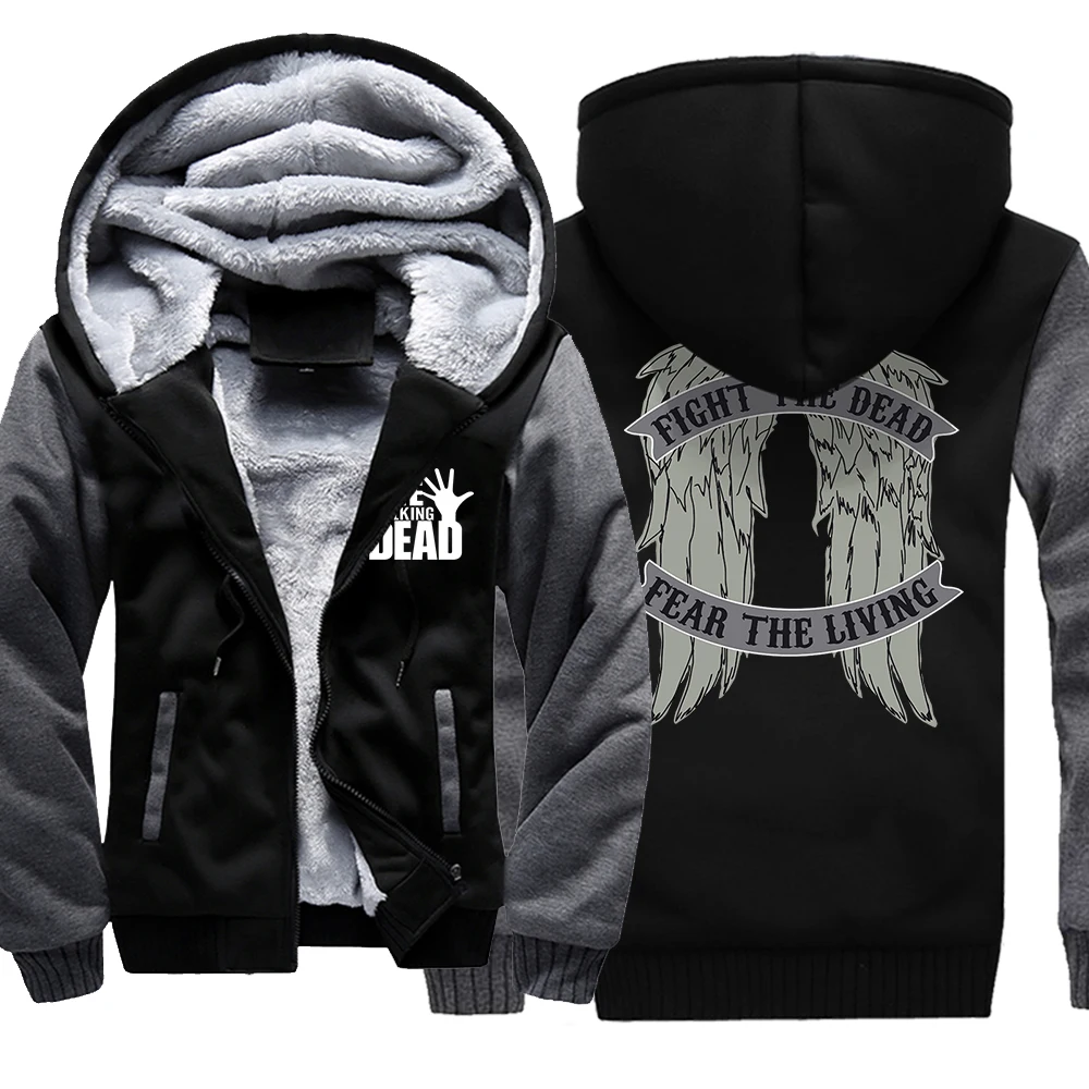 Movie The Walking Dead Wings Print Mens Hoodie Fashion Casual Coats Winter Print Tracksuit Loose Oversized Thicken Jacket Man