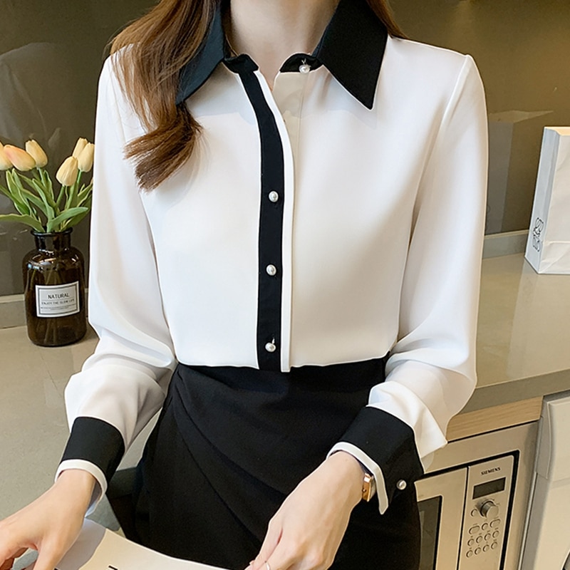 OL Chiffon Blouse Women Long Sleeve Elegant Tops Shirt Korean Japan Style Clothes Blusas