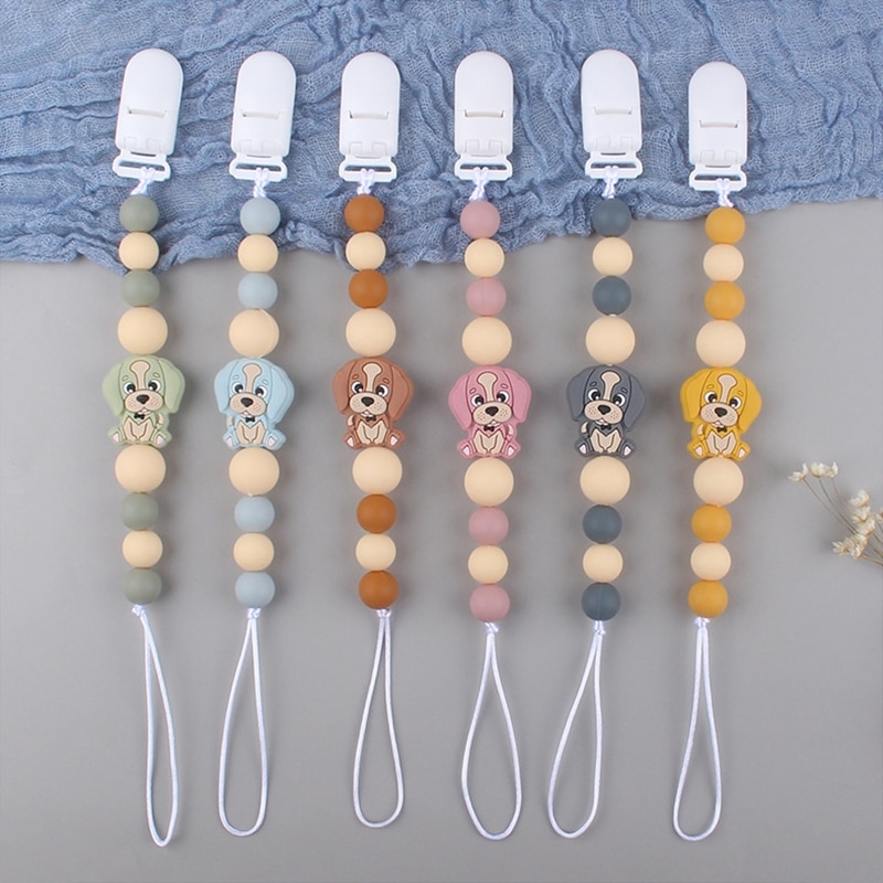 Cute Dog Silicone Pacifier Clip Teething Soothie Toy Teether Pacifiers Chain Holder for Baby Girls Boys Infant Appease