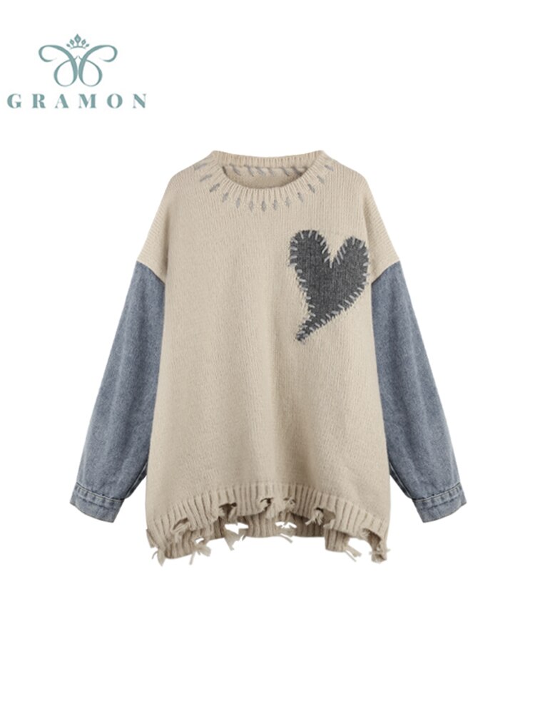 2022 Autumn New Chic Denim Patchwork Knit Sweater Women Vintage Streetwear Loose Pullover For Women Long Sleeve Fake 2 Piece Top