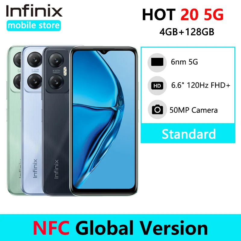 Global Version infinix Hot 20 5G Smartphone NFC 6nm 5G Processor Dimensity 810 6.6" 120Hz FHD+ Display 50MP 5000mAh Mobile 