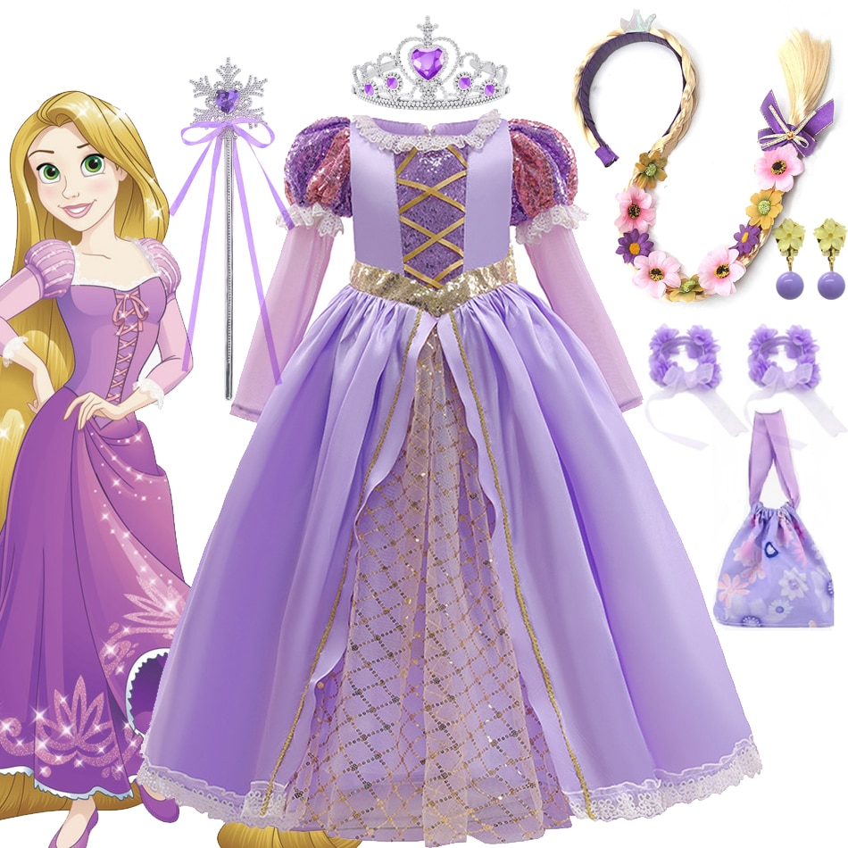 Lace Sequin Princess Rapunzel Dress Movie Tangled Cartoon Role Playing Costume Luxury Disguise Disney Outfit Halloween Supply