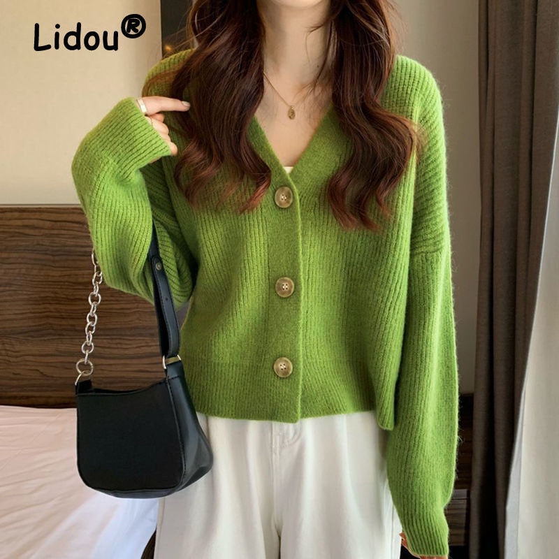 Autumn Winter Solid Color Single Breasted Korean Fashion Knitted Cardigan Sweaters for Women Casual Fashion V-neck Tops Coat