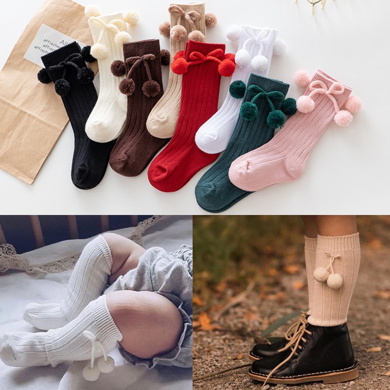 Baby Girls Socks Cherry Ball Toddler Tube Knee High British Style Princess Sock Kids Knitted Socken Leg Warmer For 0-4 Years