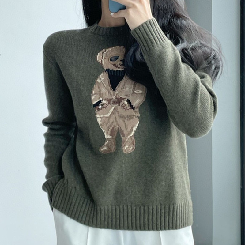 2023 New RL Style Bear Round Neck Unisex Sweater Casual Pull Homme Autumn and Winter Wear Women's Long stretched Tops