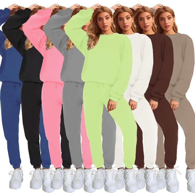 2022 Winter Two-piece Women's Sportswear Large Suit Autumn Pants Suit Women's Sportswear Solid Sports Crew Neck Sports