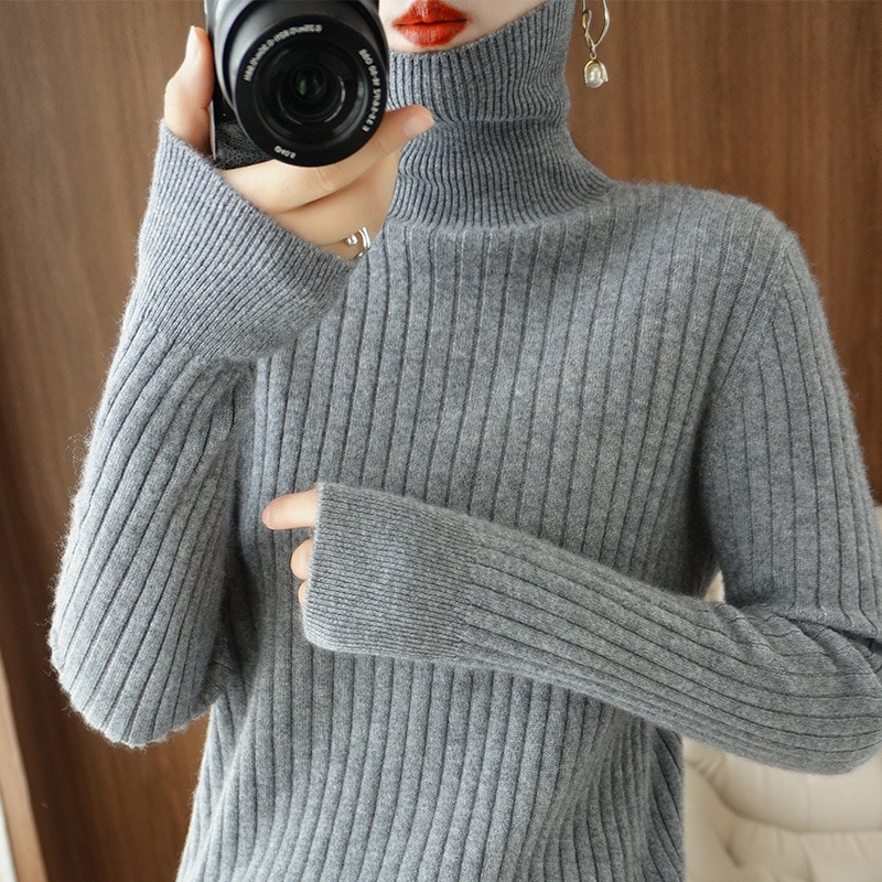 Gray Slim Turtleneck Women Sweater Casual Soft Cashmere Elastic Jumpers Knitted Pullovers Winter Basic Sweaters Women Solid Tops