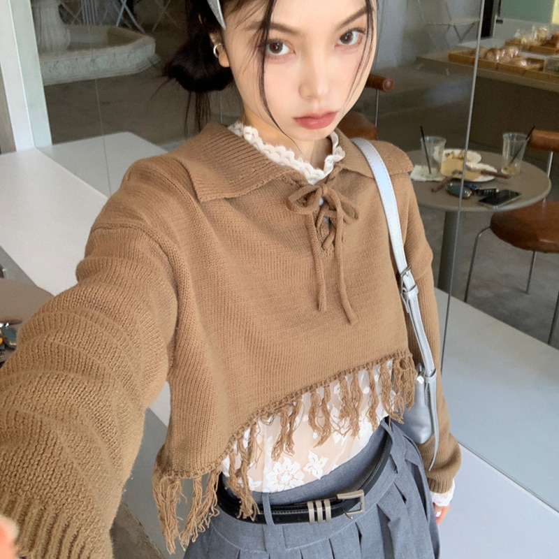 Lady Tassel Lace-up Long Sleeve Sweaters Women Turn Down Collar Casual Short Length Sweater 2023 Autumn Fashion Knitted Crop Top