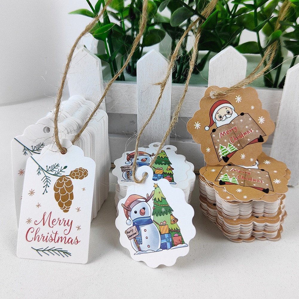 100pcs Merry Christmas Tags for Gift Wrapping Decor DIY Crafts Hanging Tags Santa Claus Paper Cards Christmas Favors Supplies