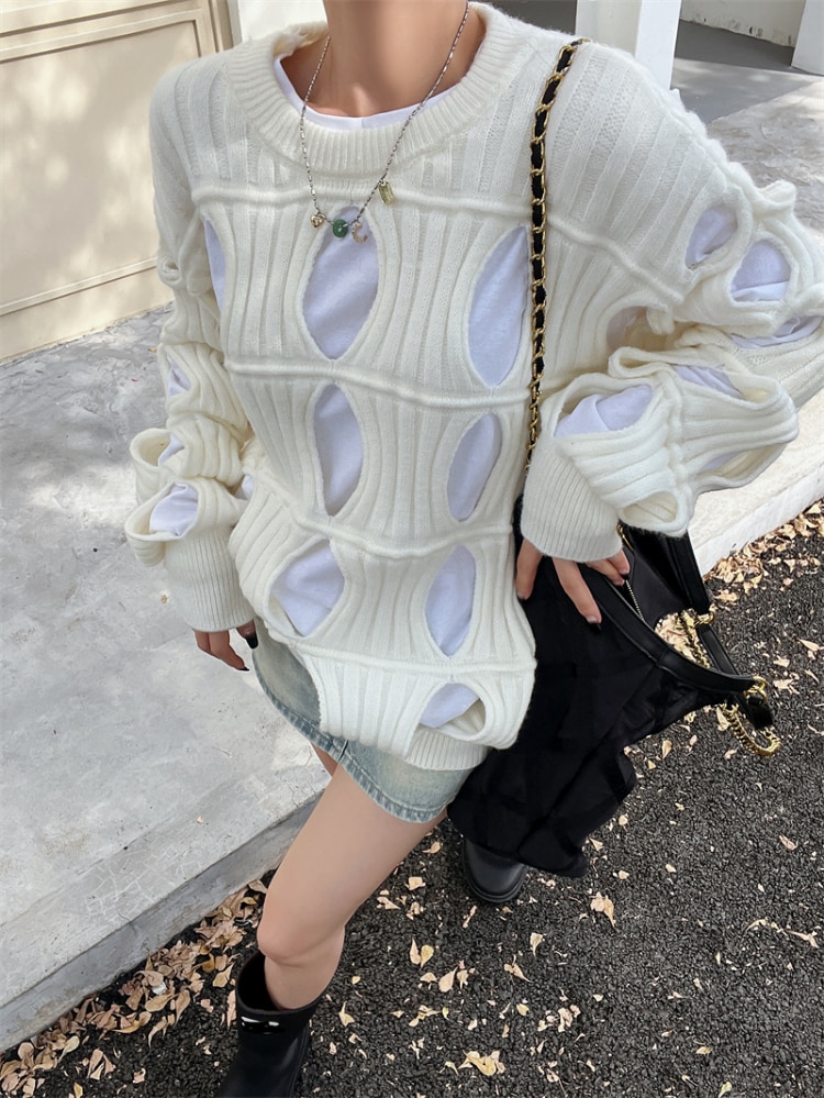 ZCSMLL White Hollow Out Round Collar Sweater Women 2022 Autumn Winter Personality Hole Long Sleeve Loose Vintage Tops
