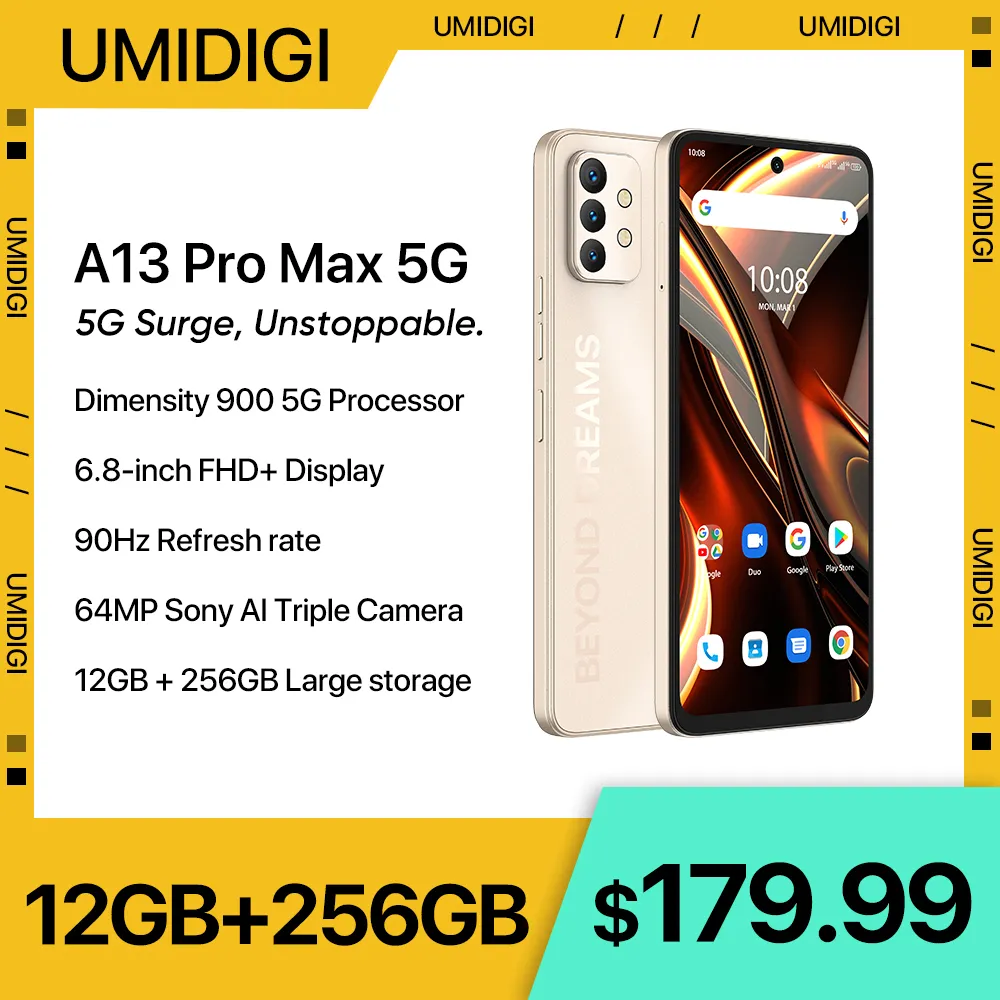 New UMIDIGI A13 Pro Max 5G Smartphone, Dimensity 900, 12GB+256GB, 64MP Triple Camera, 6.8'' FHD+ Display 5150mAh 90Hz 