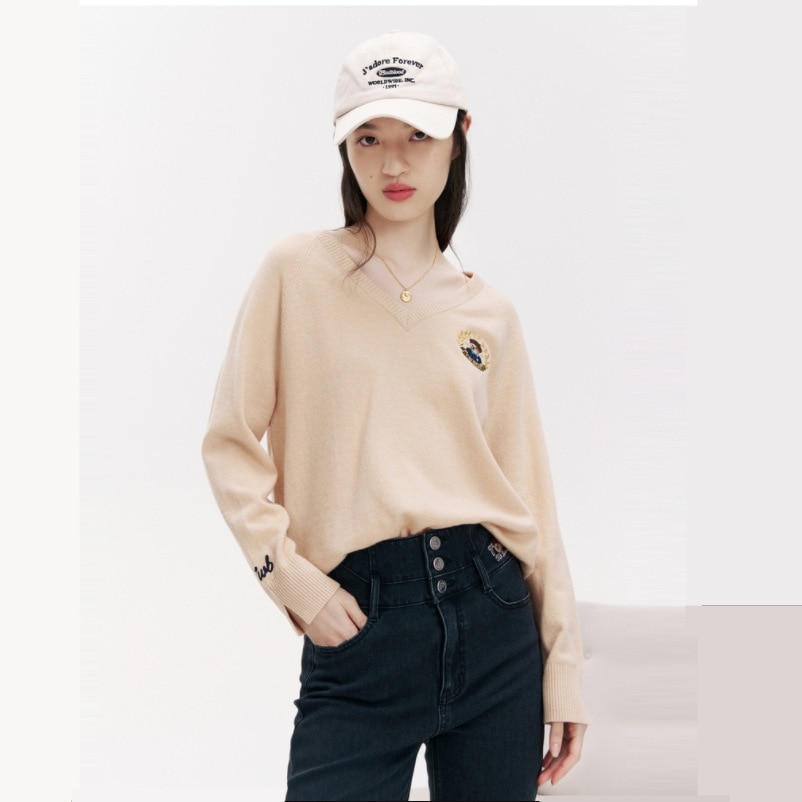 Cartoon Embroidery V-Neck Knit Loose Sweater Full Sleeves Winter Blue/Grey/Khaki Color Hip Hop JK Pullovers Tops Jumpers